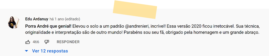 Comentário de Edu Ardanuy elogiando técnica, originalidade e interpretação de Andre Nieri