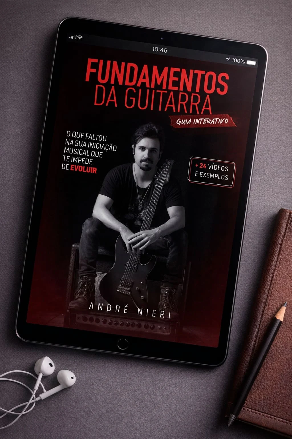 E-book interativo Fundamentos da Guitarra exibido em um tablet