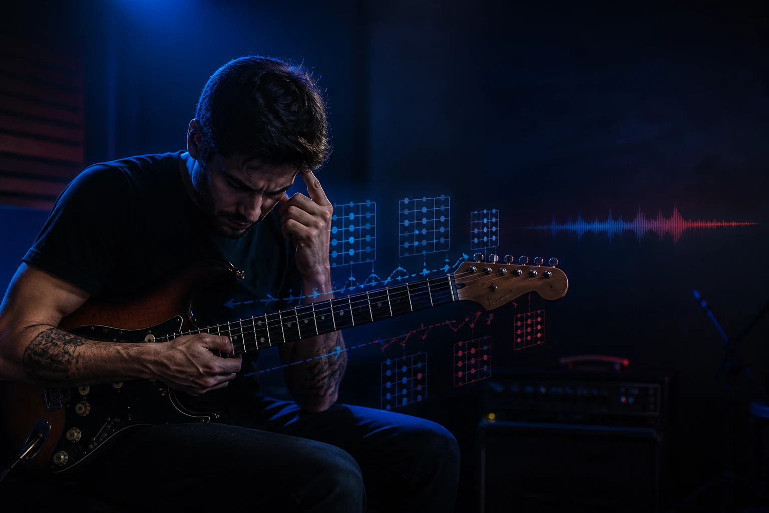 Guitarrista diante de diagramas repetidos de escalas sem conseguir transformar os shapes em improvisação
